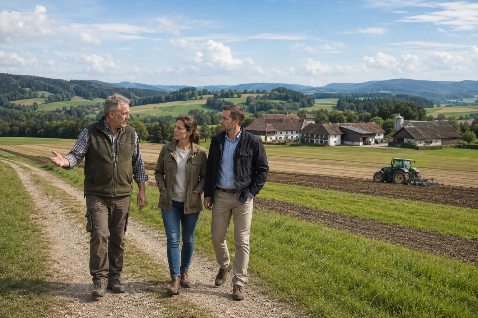 Kaufinteressenten und Bewirtschafter betrachten landwirtschaftlichen Grundbesitz