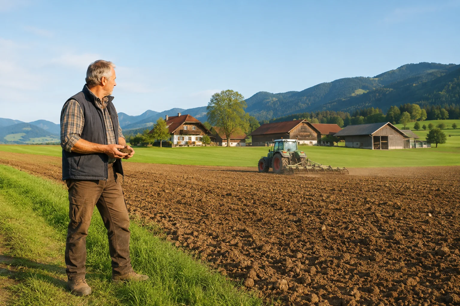 Landwirt bei der weiteren Bewirtschaftung vor Feldern und Hofstelle
